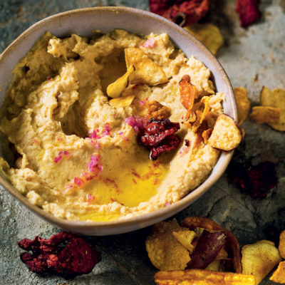 Woolworths vegetable chips with home-made garlicky hummus