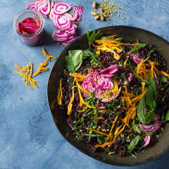 Black rice and mango pilau with beetroot and pistachio