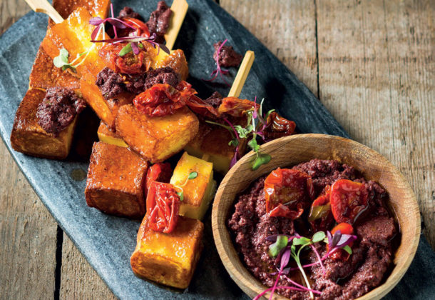 Grilled halloumi skewers with olive tapenade recipe