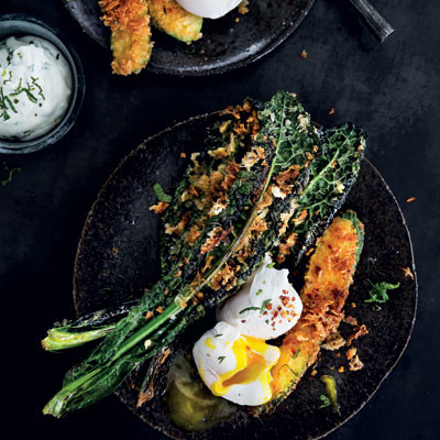 Panko-crumbed baby marrow and kale with poached eggs and yoghurt