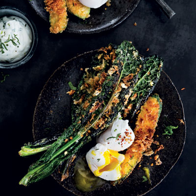 Panko-crumbed baby marrow and kale with poached eggs and yoghurt | Woolworths TASTE