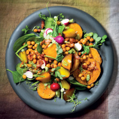 Paprika chickpea, bacon and winter veg salad