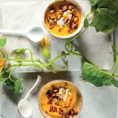 Pumpkin-and-apple soup with goat’s cheese and toasted pumpkin seeds