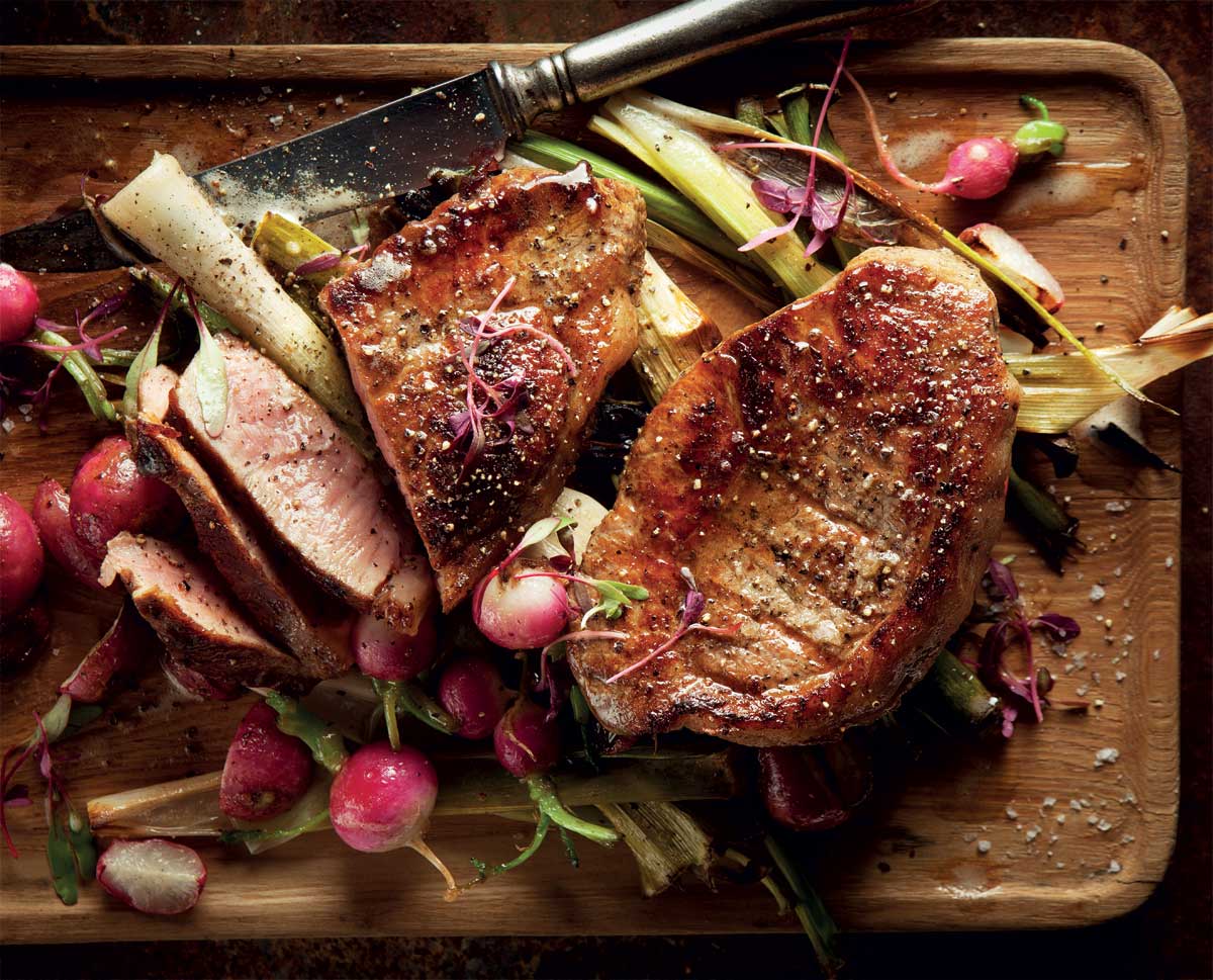 Thymeroasted baby leeks and radishes with freerange chargrilled