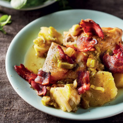 Braised chicken with bacon, leeks and sweet potato