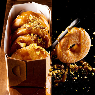 Miso-caramel glazed doughnuts with crunchie chocolate topping