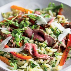 Peppered beef carpaccio on rocket pasta
