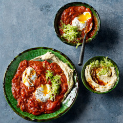 Shakshuka tomato and egg bowls with baby marrow