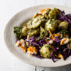 Baby potato salad with basil pesto and hot-smoked snoek