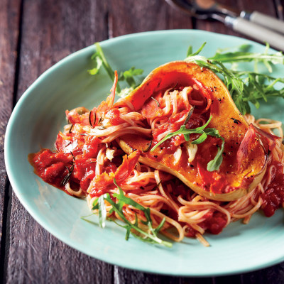 Baked butternut with tomato pasta and chorizo