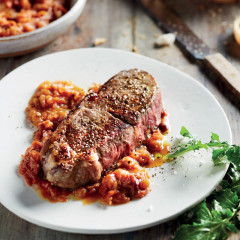 Grilled steaks with tomato-and-anchovy sauce