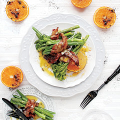 Bacon-wrapped green vegetable bouquets with citrus Gorgonzola sauce