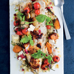 Hake with herby butternut and couscous-and-feta salad