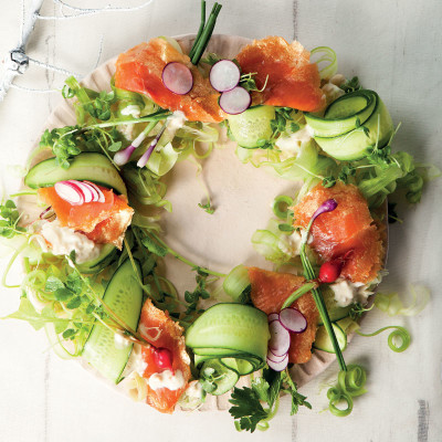 Gold oak-smoked trout salad wreath