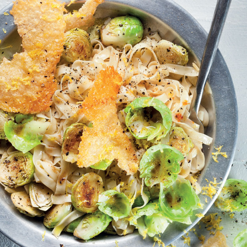 Pasta with lemonandburnt butter Brussels sprouts and Parmesan shards