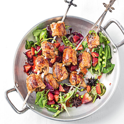 Chargrilled chicken skewers with spiced berry glaze