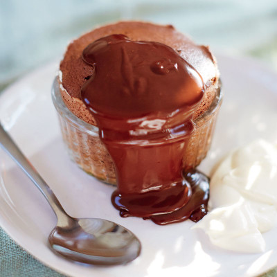 Curtis Stone’s chocolate mousse souffles with peppermint ganache and whipped creme fraiche