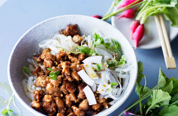 Coconut-and-ginger pork mince with sriracha and noodles