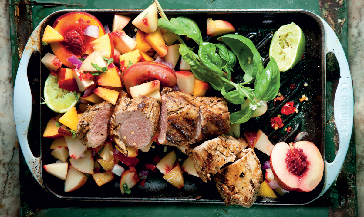 Spicy chargrilled pork & juicy nectarine salsa recipe | TASTE