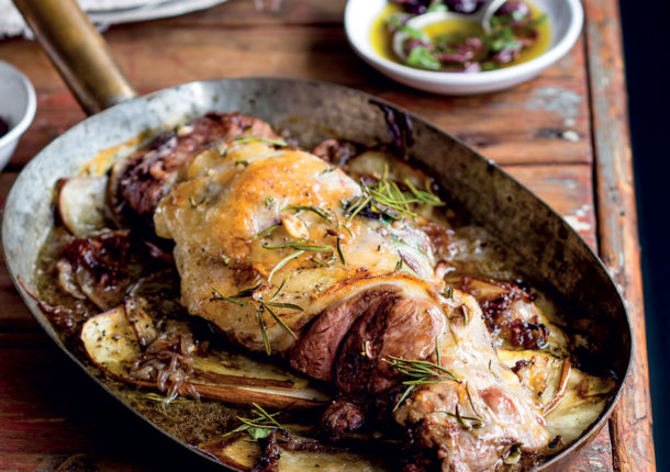 Butterflied rosemary lamb with brinjal and onion confit
