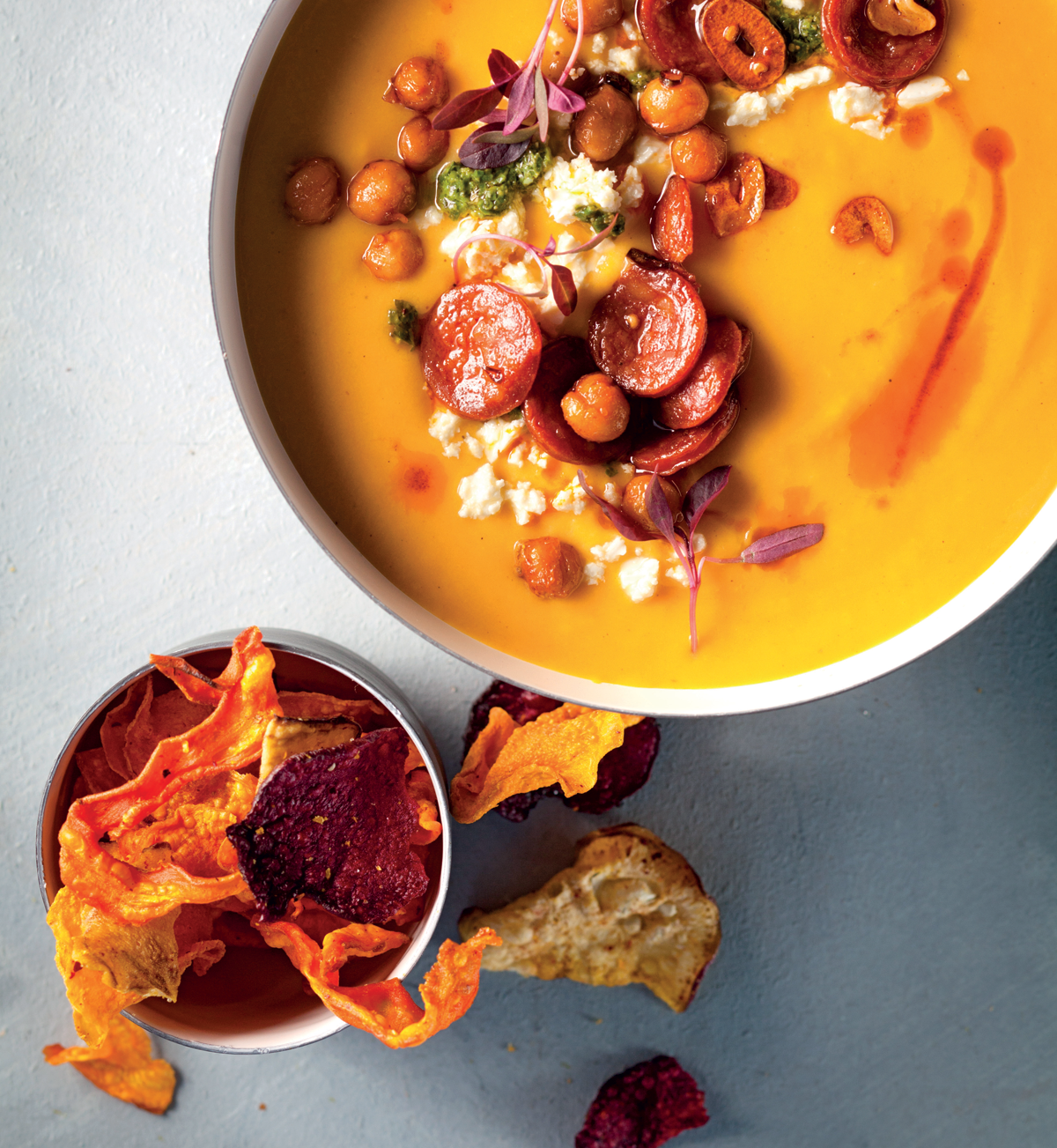 Butternut soup with chorizo, chickpea and feta topping Woolworths TASTE