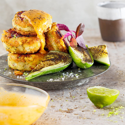 Fish cakes with seared cucumber and satay sauce
