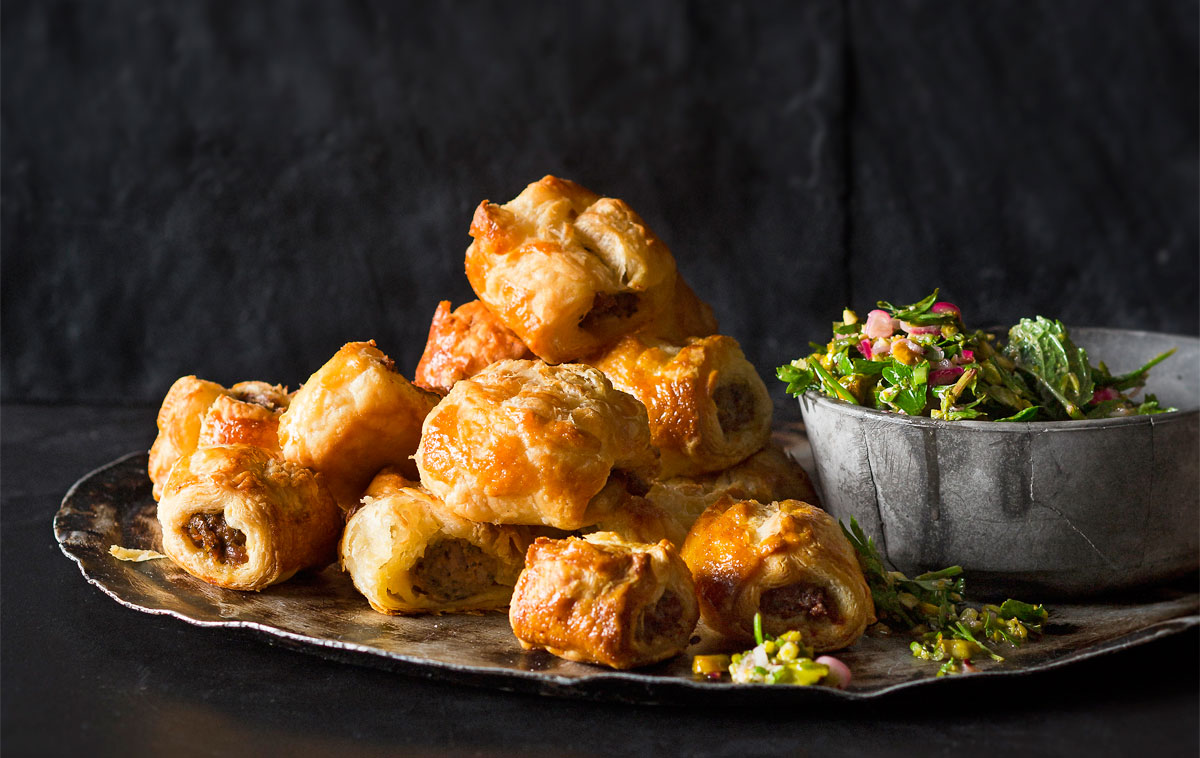 Moroccan sausage rolls with minty salsa