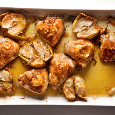 Chicken tray bake with roast apples and thyme