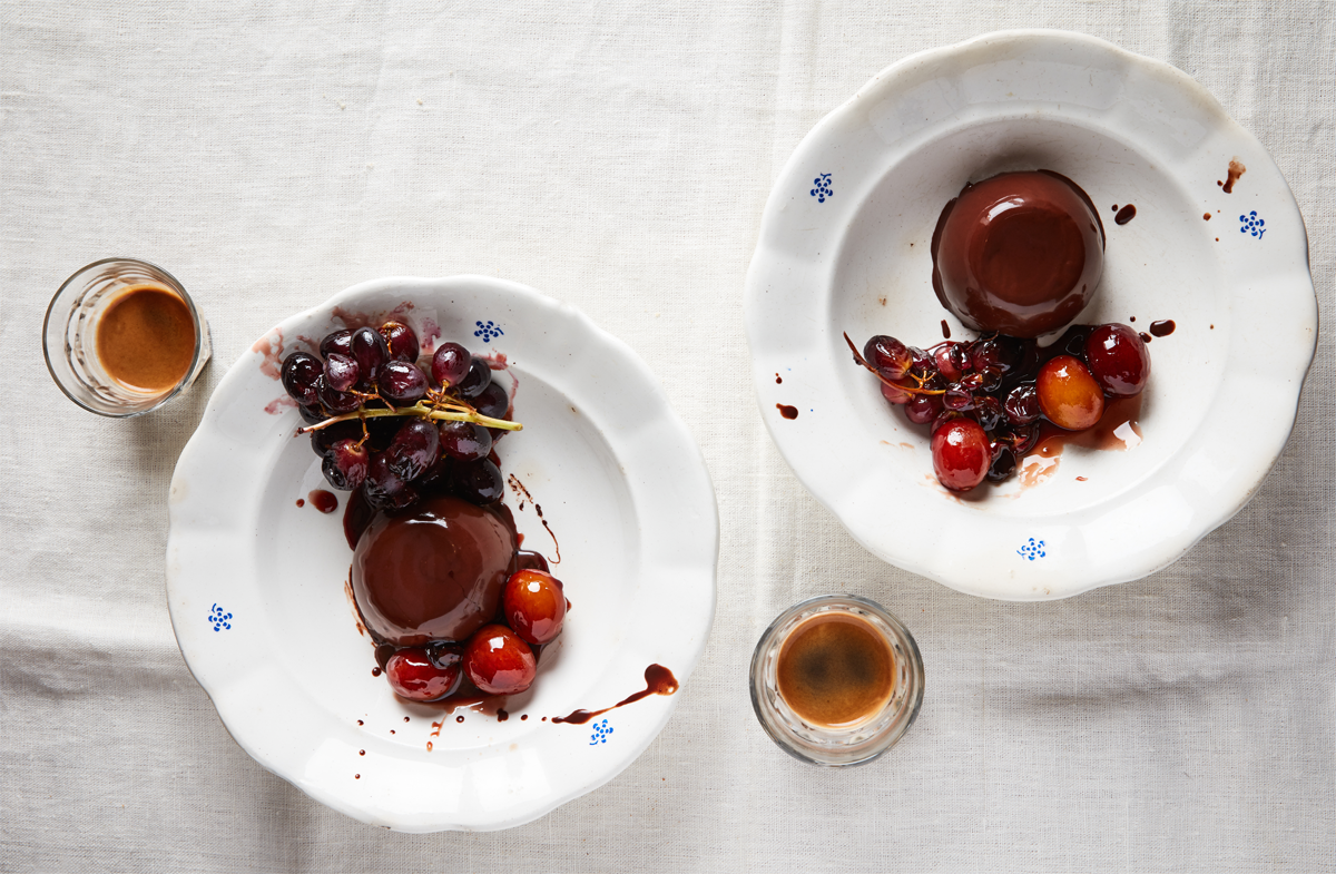 Chocolate panna cotta with verjuicepoached prunes Woolworths TASTE