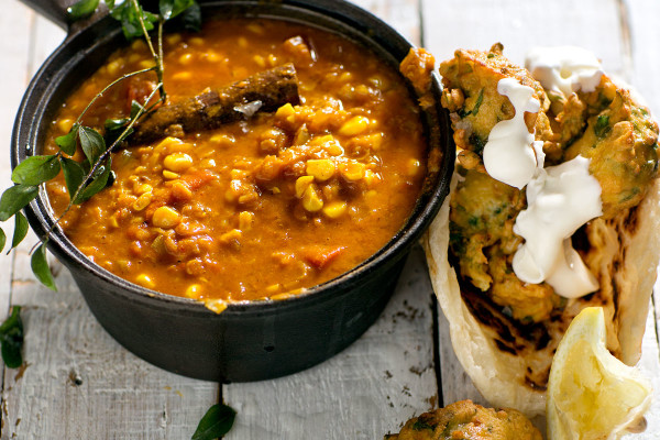 Indian corn dhal with chickpea fritters