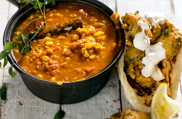 Indian corn dhal with chickpea fritters