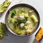Leek-and-chicken broth with avo baguette
