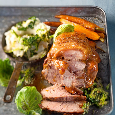 Easy to roast salted caramel pork with colcannon mash