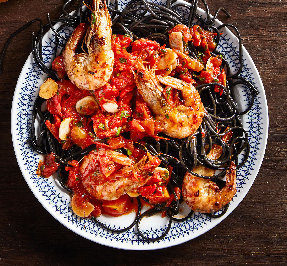 Squid ink pasta and prawns all'amatriciana | Woolworths TASTE