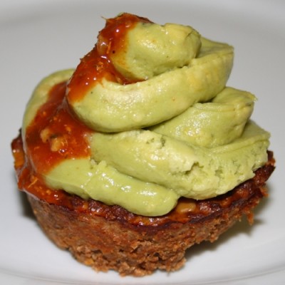 Tomato mince cupcake with avo puree frosting