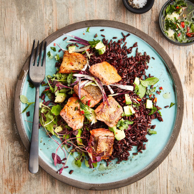 Black rice with avocado and seared salmon