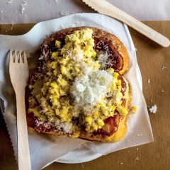 French toast doorstops with garlicky creamed corn