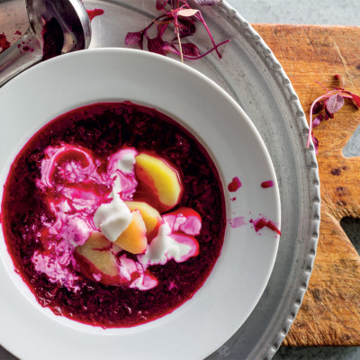 Iced borscht with hot potatoes and sour cream