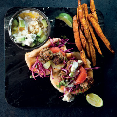 Lamb meatball gyros with cabbage slaw and yoghurt dip