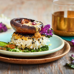 Parmesan-and-sesame rice with roast garlicky mushrooms