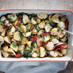 Roast winter veg with bacon and wilted chard