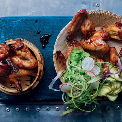 Char siu-style sticky Chinese chicken wings with pickled cucumber