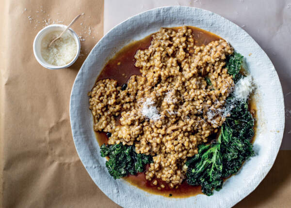 Barley risotto with beef broth and Parmesan rind recipe