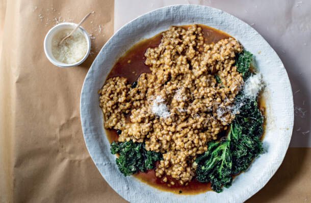 Barley risotto with beef broth and Parmesan rind recipe