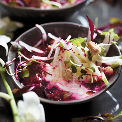Beetroot soup with burrata and apple-and-radish salsa
