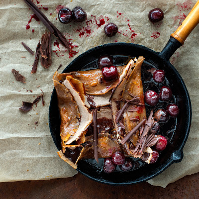 Caramelised chocolate crepes with cherry syrup