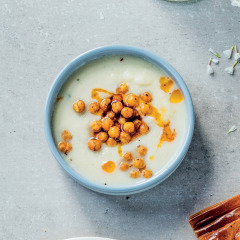 Parsnip soup with sour cream and spiced crunchy chickpeas