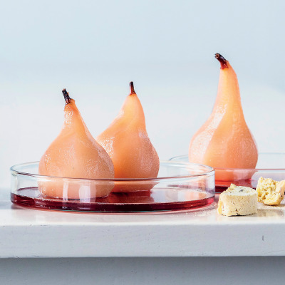Rose-and-ginger poached pears with mascarpone and crushed biscotti