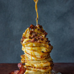 American style coconut flapjacks with whipped maple-and-bacon butter