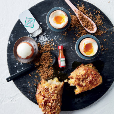 Almond french toast with boiled eggs and biltong powder